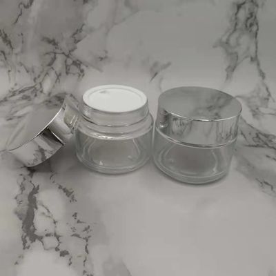 MSDS 투명 100g 유리 크림 항아리 빛나는 은색 캡 흰색 뚜껑 마스크 진흙